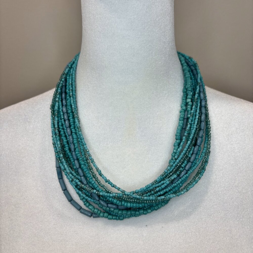 Must Have Statement Neckless, Vibrant Turquoise 16 layers of beads & crystals - Picture 4 of 5